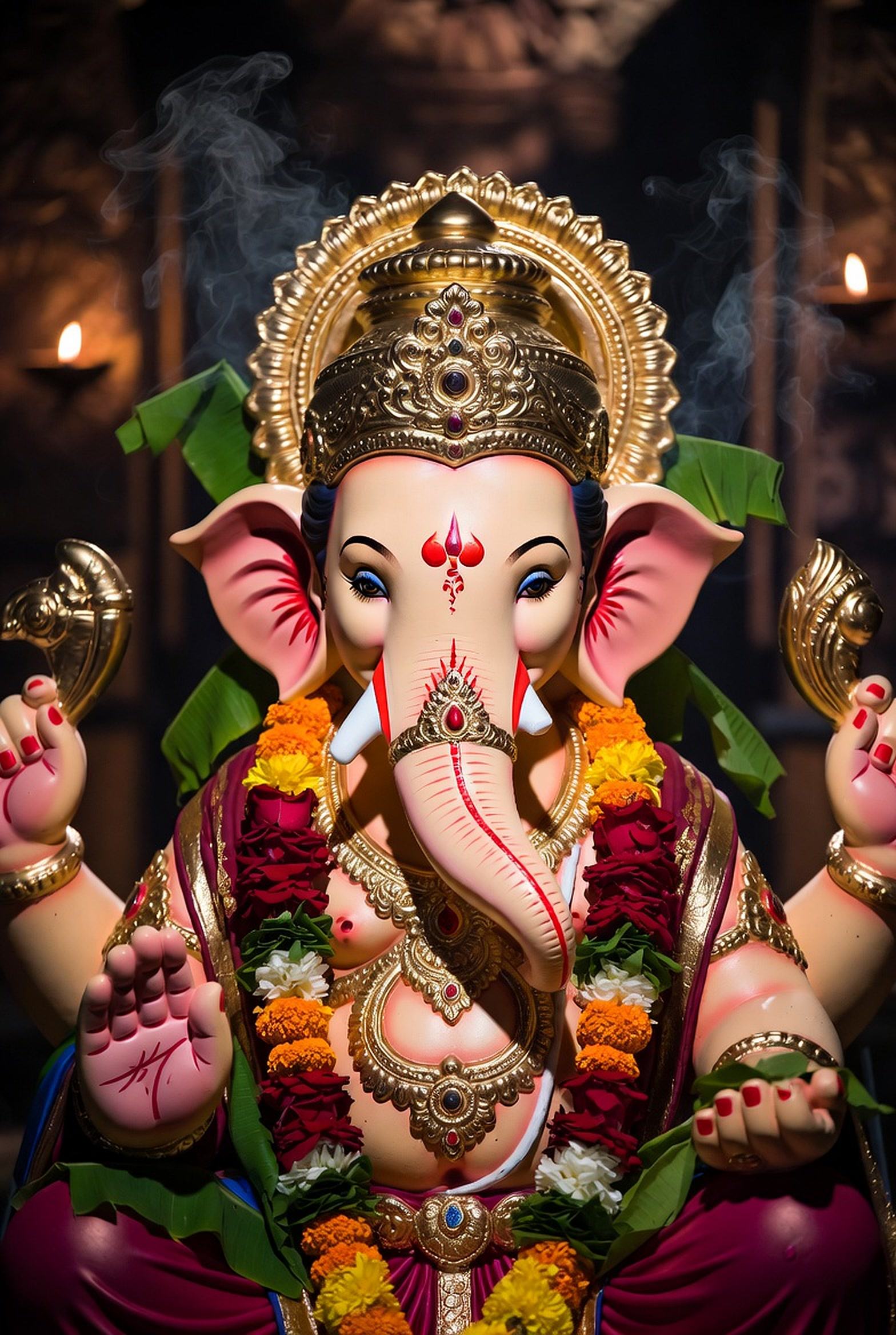 Ganpati Bappa — gold crown, garlands, candlelight
