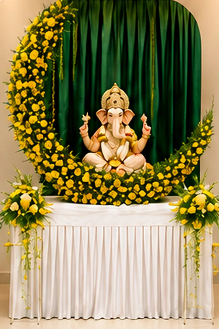 Garden Crescent Ganpati décor — A moon of fresh blooms on crisp white