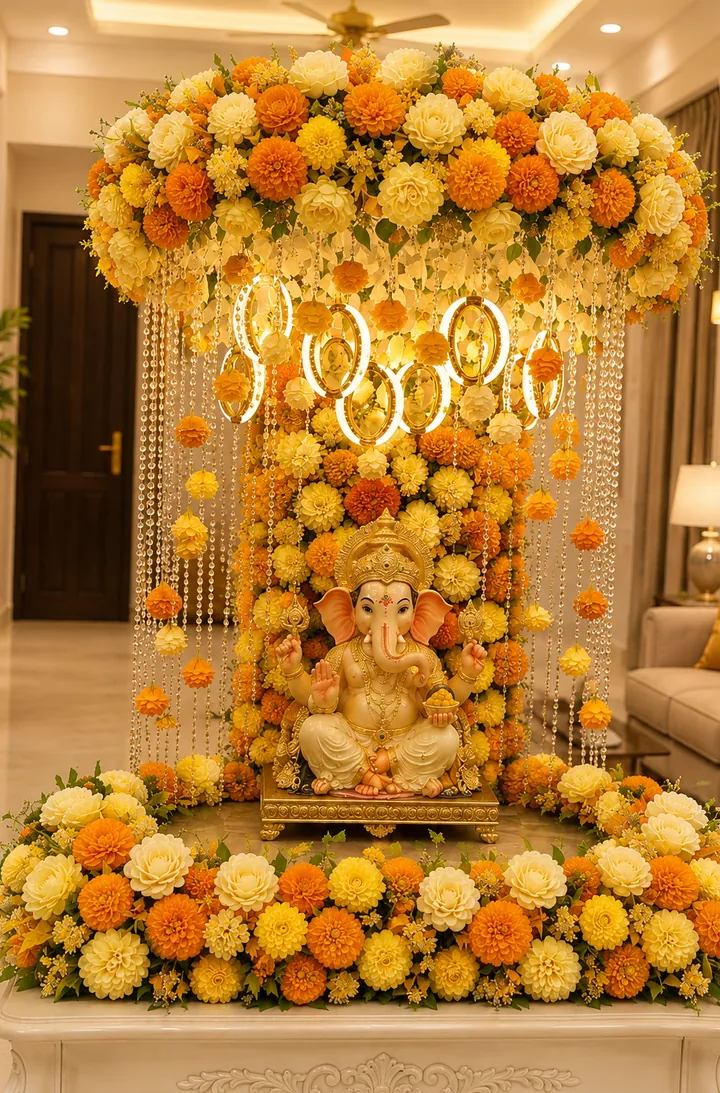 Chandelier Luxe Ganpati décor — A wraparound chandelier of blooms — our signature build
