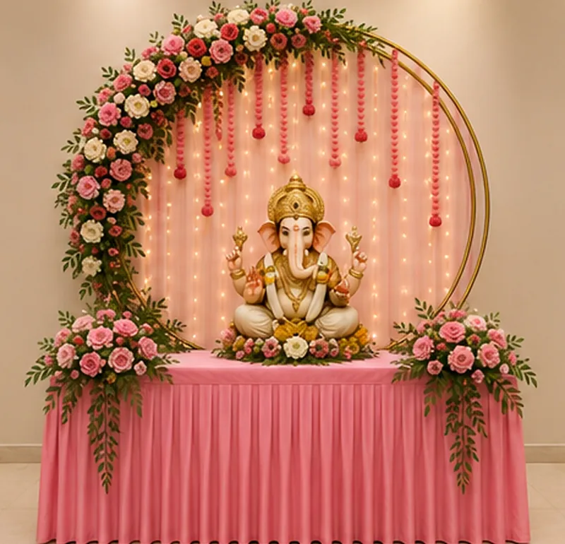 Blush Pink Ganpati décor — Soft pinks, gold hoops and gentle shimmer