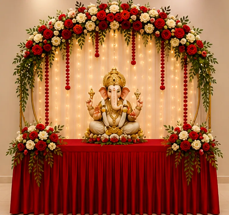 Classic Red Ganpati décor — Deep red velvet, roses and warm temple light