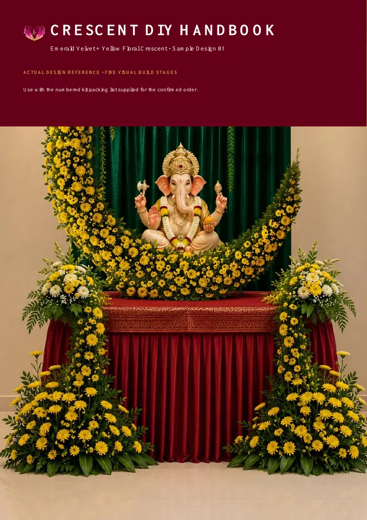 Cover of the Gloriosa Crescent DIY Handbook with an emerald and yellow floral Ganpati mandap