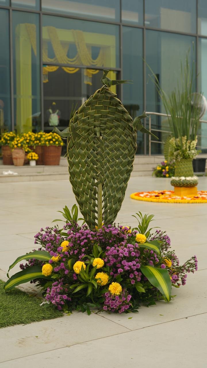 Artistic palm leaf sculpture with floral base
