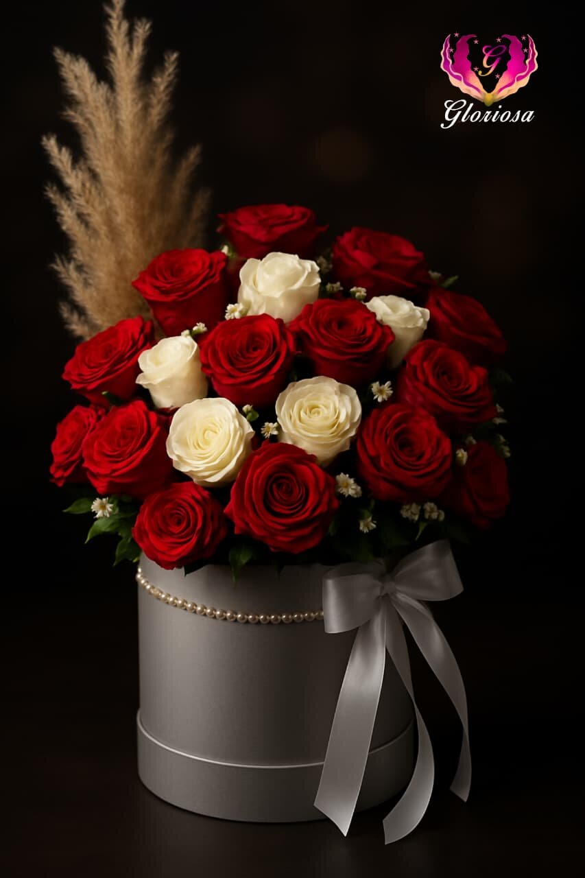 Premium red and white roses in designer hat box by Gloriosa